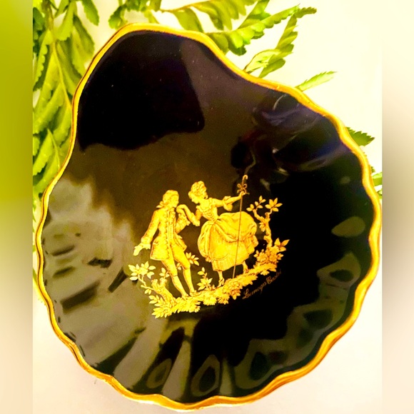 Vintage Limoges Castel France Cobalt Blue 22K Gold Courting Trinket Dish - Picture 6 of 8